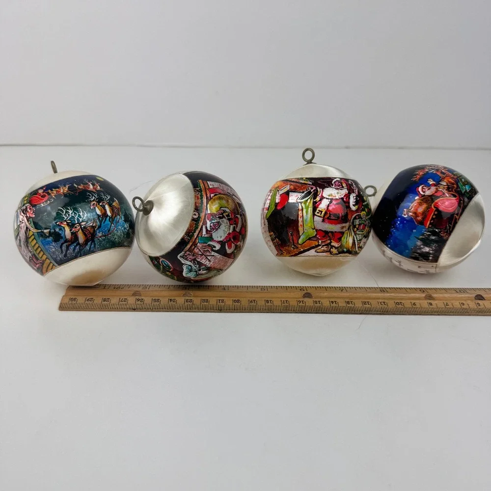 Vtg 4 White Satin Ball Ornament Night Before Christmas Verses 2 4 5 6 Incomplete